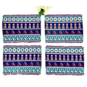 Set Of 4 Nautical Woven Placemats Sailboats Lighthouses Beach Cottage Blue Red
